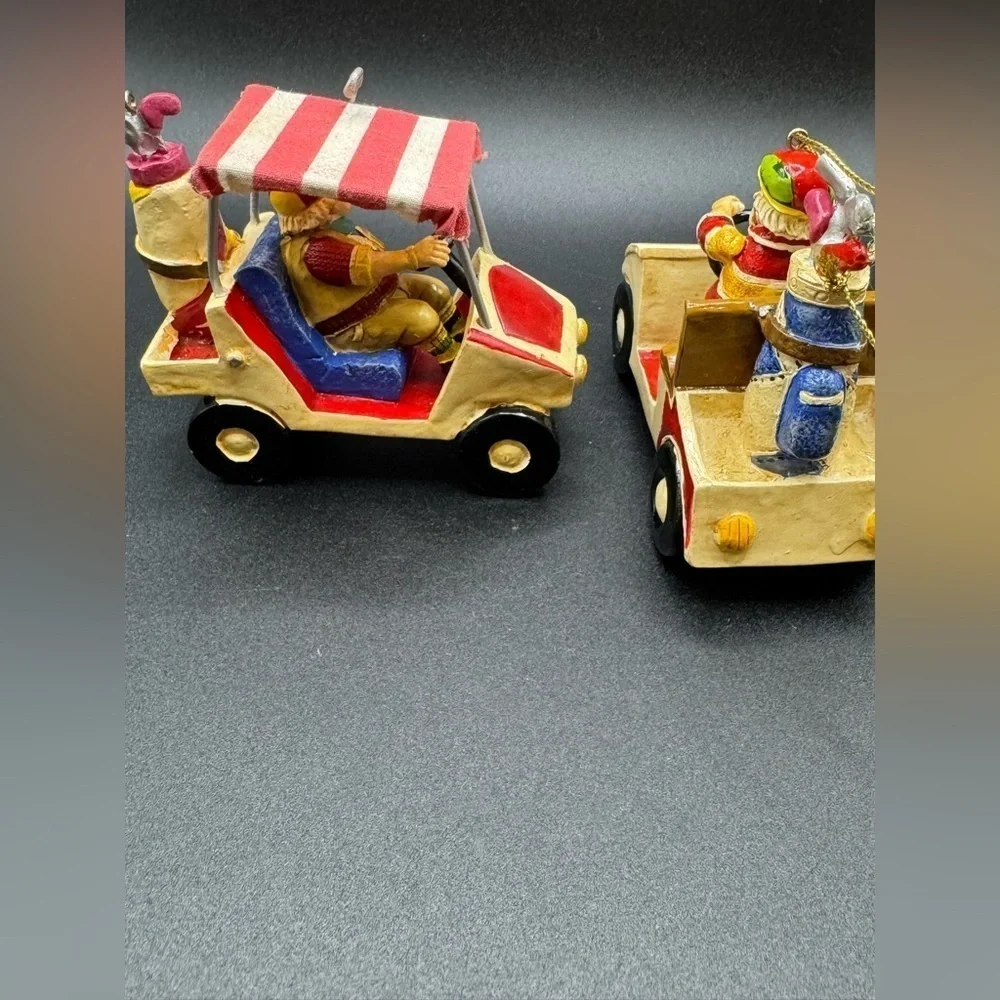 Set of 2 Vintage Santas Driving A Golf Cart Bag and Clubs Christmas Ornaments